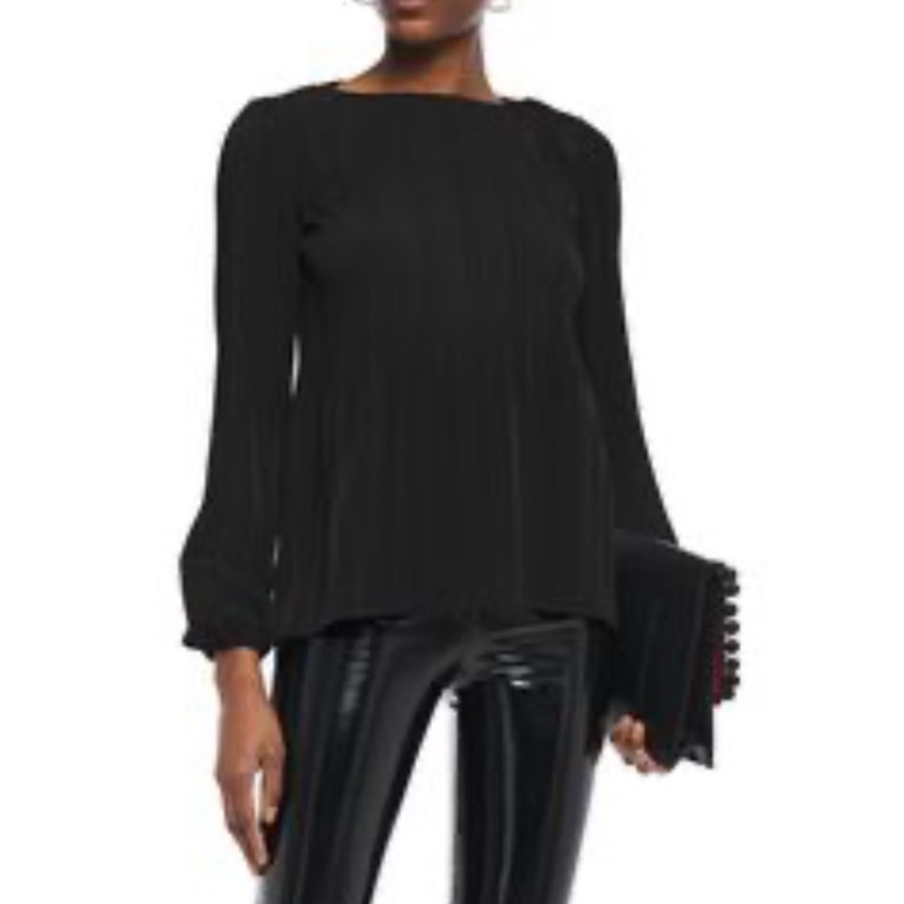 Maje "Lockin" Crepe Boat Neck Long Sleeve Black Pleated Blouse